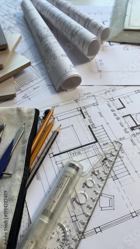 Architectural floor plan with interior design materials, color palette, fabric samples and drafting tools for home renovation project planning.

