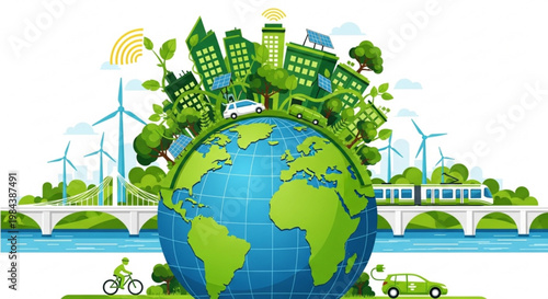 Eco friendly cityscape with green globe sustainable transportation and renewable energy sources