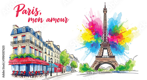 Eiffel Tower, Paris cityscape, colorful illustration, travel icons