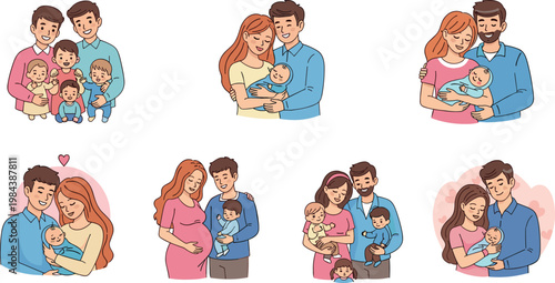 Family with Newborn Baby Vector Set Featuring Parents, Siblings, and Infants for Parenthood, Family Bond, and Love Illustrations