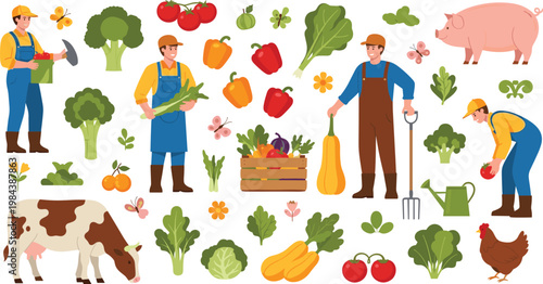 Farm Life with Fresh Vegetables, Crops, Animals, and Farmers Harvesting for Organic Agriculture Illustrations