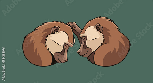 Two brown monkeys with closed eyes, one grooming the other's head