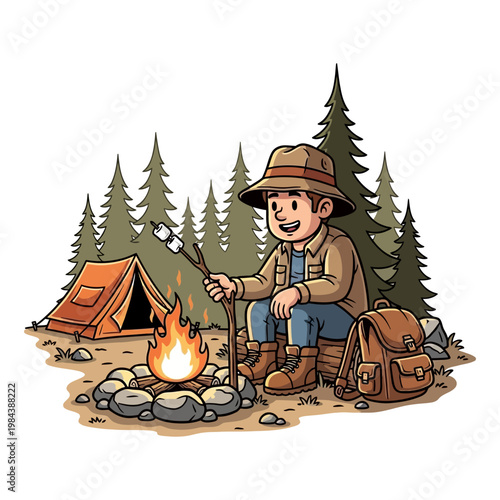 Happy man roasting marshmallows over a campfire in a forest with a tent and backpack vector illustration