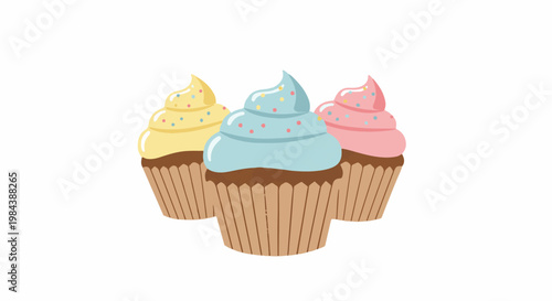 Three pastel frosted cupcakes with sprinkles on a white background