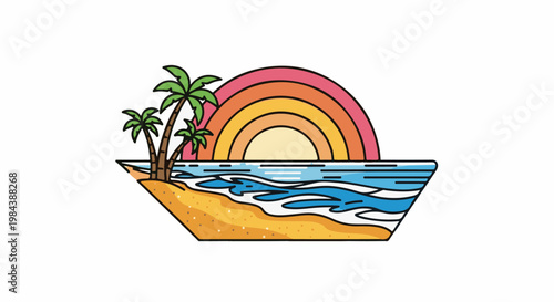 Stylized tropical beach scene with palm trees, ocean, and colorful sunset