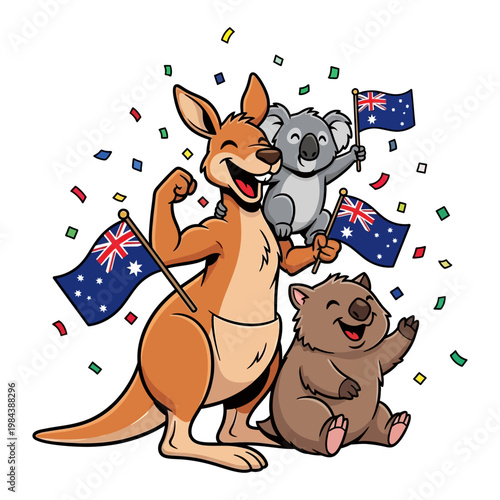 Cartoon kangaroo koala and wombat celebrating with Australian flags and confetti vector illustration for Australia Day