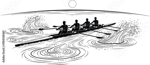 Rowing Team Icon Set Featuring Four Rowers in Action with Waves and Water Splashes in a Minimalist Line Art Style