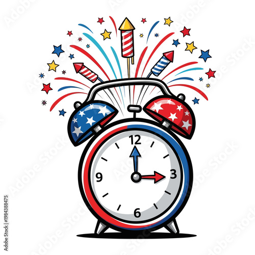 Photography Independence Day alarm clock with fireworks and rockets vector illustration for