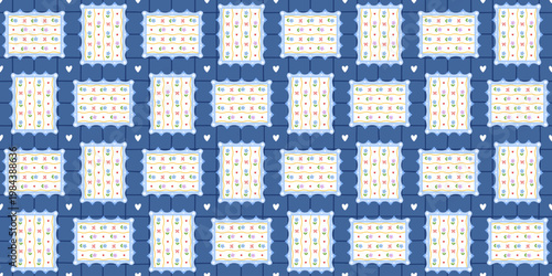Kawaii seamless patchwork spring floral with cute pattern quilt. Flower color holiday and cottagecore girly heart with stationery coquette print. Kawaii check and vintage.
