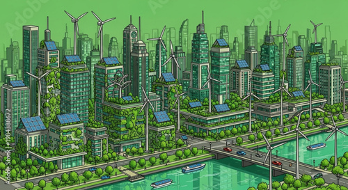 Futuristic eco friendly cityscape with green buildings and waterways