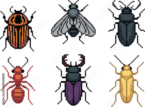 Pixel insects set, beetle ant fly bug collection, retro 8bit nature vector illustration for game assets