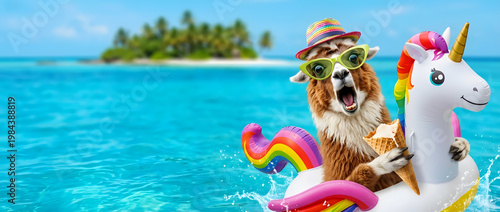Funny llama with ice cream on unicorn inflatable float in tropical ocean with island and copy space. Summer banner or header design 