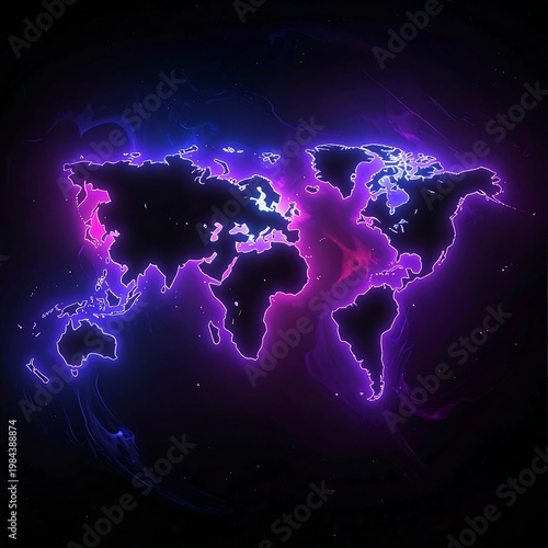 A neon-lit world map on a dark background with vibrant purple and pink lines