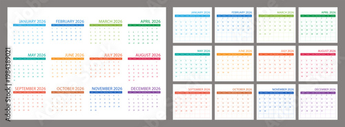 Calendar 2026 year, schedule month calender, organizer template. Week starts on Sunday. Business personal page. Modern simple dairy. Vector illustration