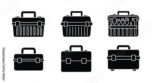 Black toolboxes in varying sizes and shapes a graphic silhouette
