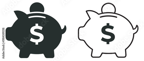 piggy bank icon set, outline and solid savings symbols with dollar sign, finance and banking vector collection, simple investment design on transparent background