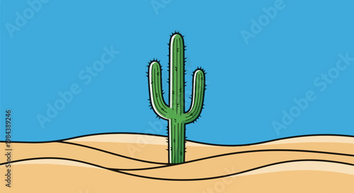 A green cactus stands tall amidst rolling desert sand dunes under a bright blue sky