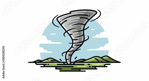 Stylized illustration of a powerful tornado swirling over a green landscape