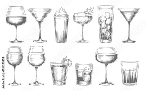 Cocktail glass collection in exquisite engraving line art.
