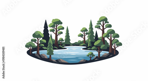A serene forest scene with a tranquil pond and diverse trees