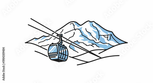 Stylized cable car ascends snow-capped mountains via sky lift