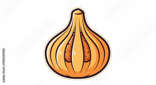 Stylized graphic of an onion bulb sliced vertically in half