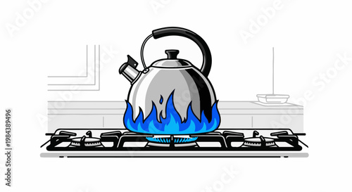 A shiny metal kettle heats up on a stovetop with blue flames