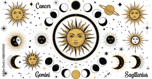 Astrology Icon Set Featuring Zodiac Signs, Sun, Moon, and Planet Symbols for Horoscope, Spirituality, and Mysticism Designs