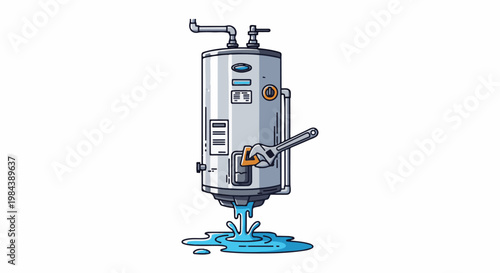 A leaking water heater is being repaired with a wrench