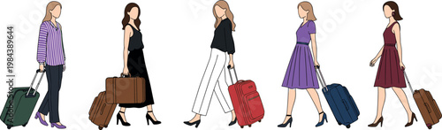 Fashionable Woman with Luggage Vector Set in Stylish Outfits for Travel, Vacation, and Adventure Illustrations