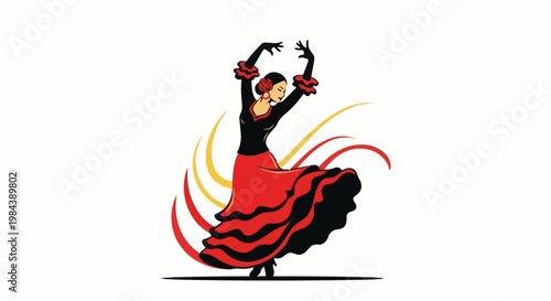 Stylized flamenco dancer in a red dress with black accents, dramatic pose