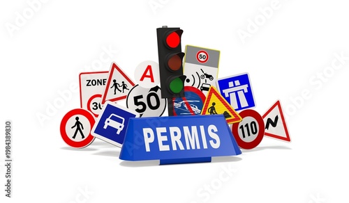 Panneaux de Signalisation Routière et Enseigne de Toit Auto-École sur Fond Blanc