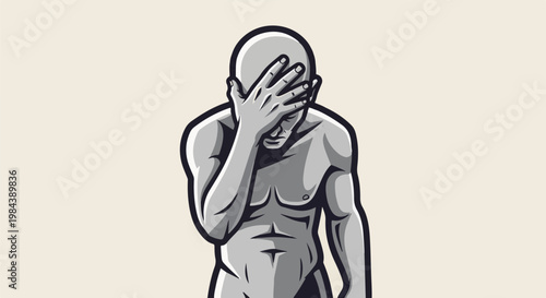 A stylized male figure clutches his head in despair