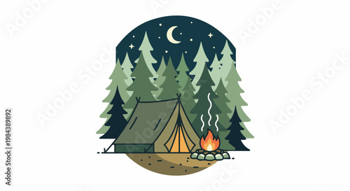 A tent and campfire in a forest under a starry night sky