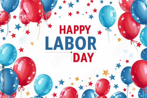 Ballons rouges, blancs et bleus avec étoiles sur fond clair, texte en anglais 