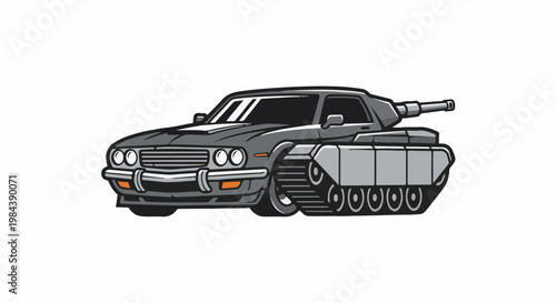 A stylized, grey armored vehicle hybrid merges a classic car with tank tracks