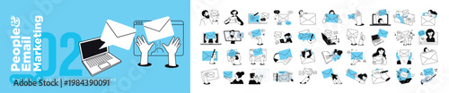 People and email marketing. Vector illustrations of people in various communication and marketing activities. Concepts for graphic and web design, social media, business and marketing material.