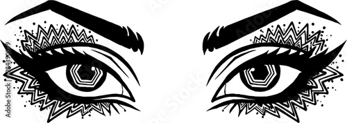 Stylized eyes with bold eyeliner and decorative tribal pattern