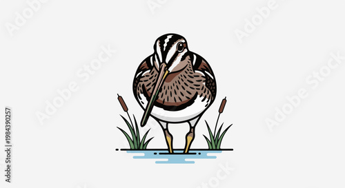 A stylized illustration of a bird with a long beak in a wetland habitat