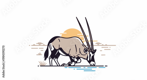 Stylized antelope drinks from waterhole at sunset in arid landscape