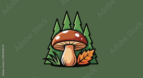 A whimsical cartoon mushroom stands tall in a forest clearing with pine trees