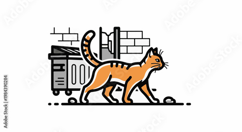 A stylized orange tabby cat walks past a trash bin and brick wall