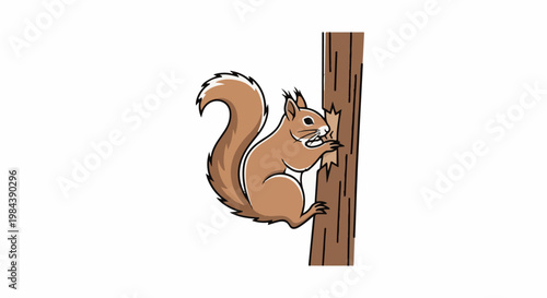 A cartoon squirrel with a bushy tail climbs up a textured tree trunk