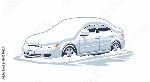 A white sedan is covered in snow, stuck in a parking lot