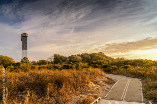the historic Charleston Light in the sand dunes of Sullivan's Island