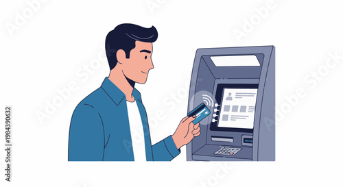 Person at ATM using a credit card for contactless payment