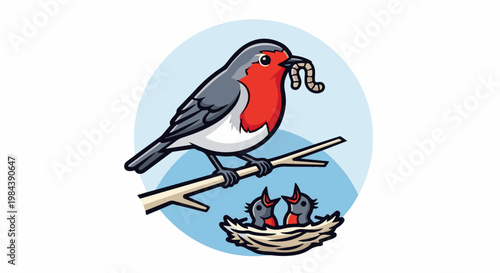 A robin with a worm in its beak perches above its chicks in a nest