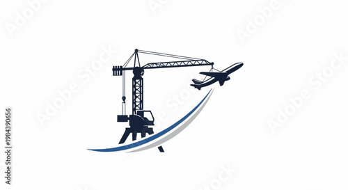 Silhouette of a crane lifting an airplane with swooshing lines