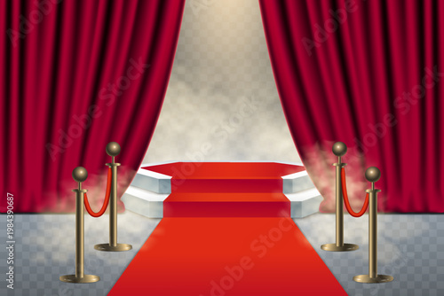 Red carpet leading to spotlighted stage with velvet curtains and ropes