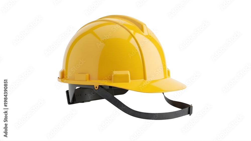 Fototapeta premium A yellow hard hat with a black strap on a white background